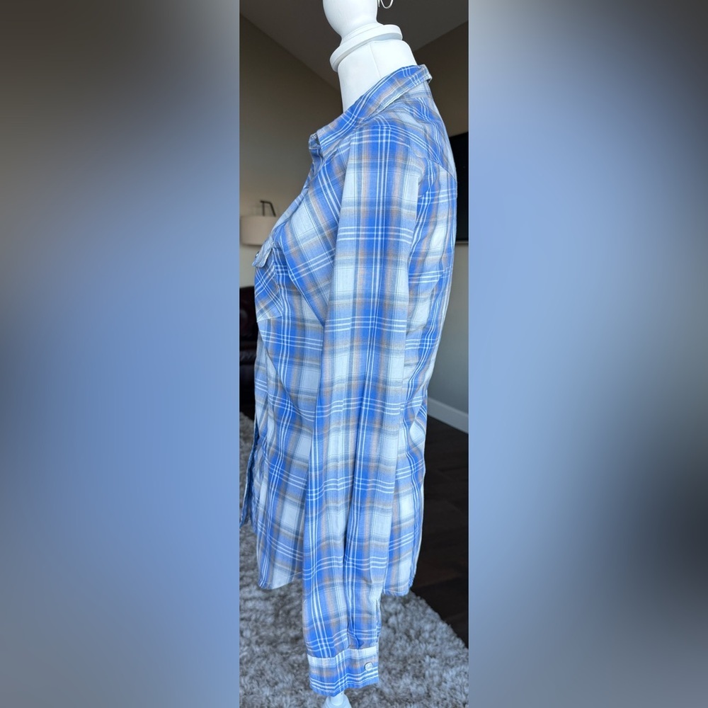 Roper XS Long Sleeve Button Down Western Shirt Blue White and Tan Plaid, Snaps - Picture 3 of 8